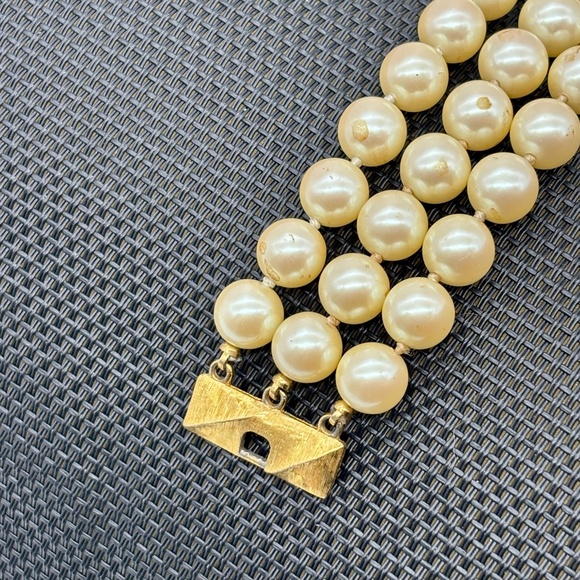Vintage Monet Three Strand, Faux Pearl Bracelet, Gold Tone Clasp, Marked "Monet" - Picture 2 of 9